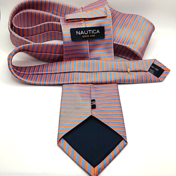 NAUTICA BLUE ORANGE STRIPE 100% SILK NECKTIE - Picture 5 of 5
